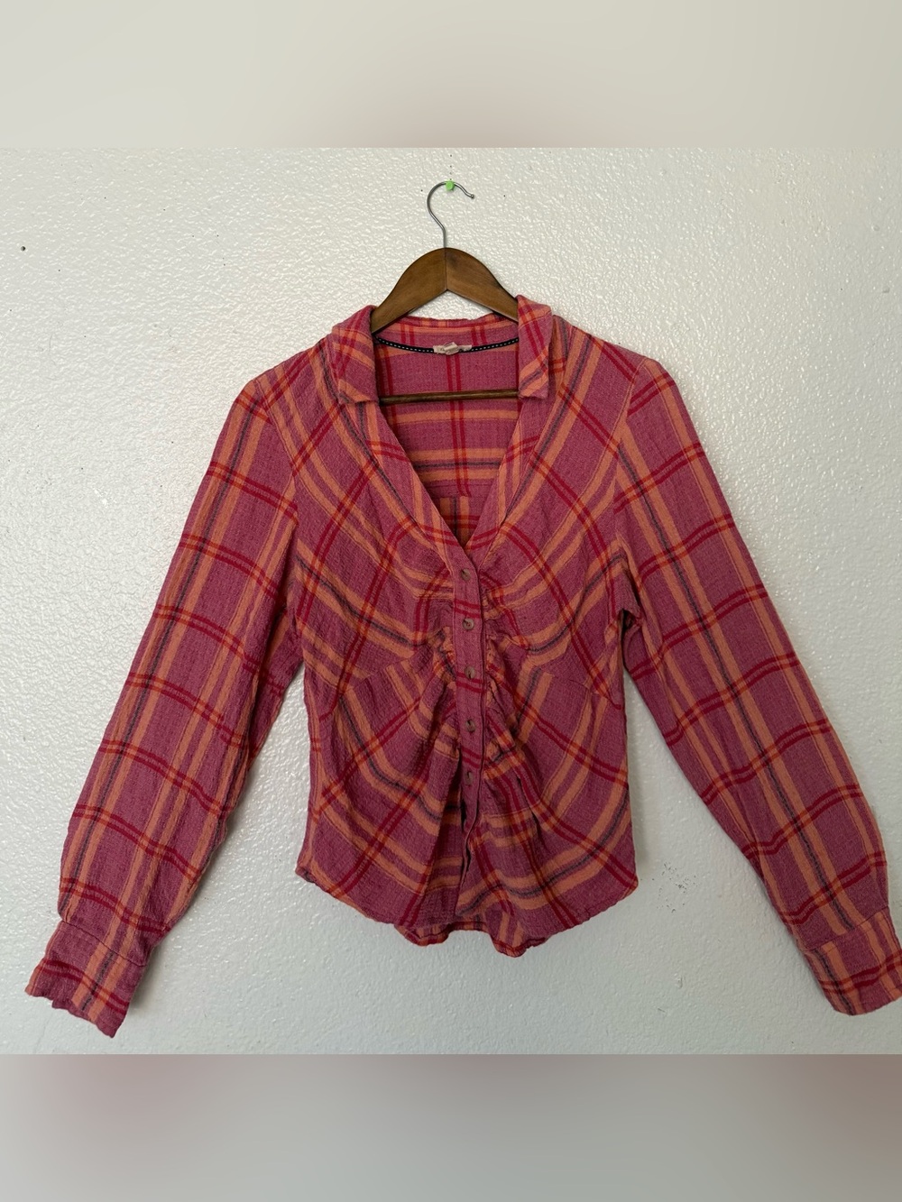 Pilcro by Anthropologie Pink Plaid Button-Front Ruffle Shirt with Orange Sz S
